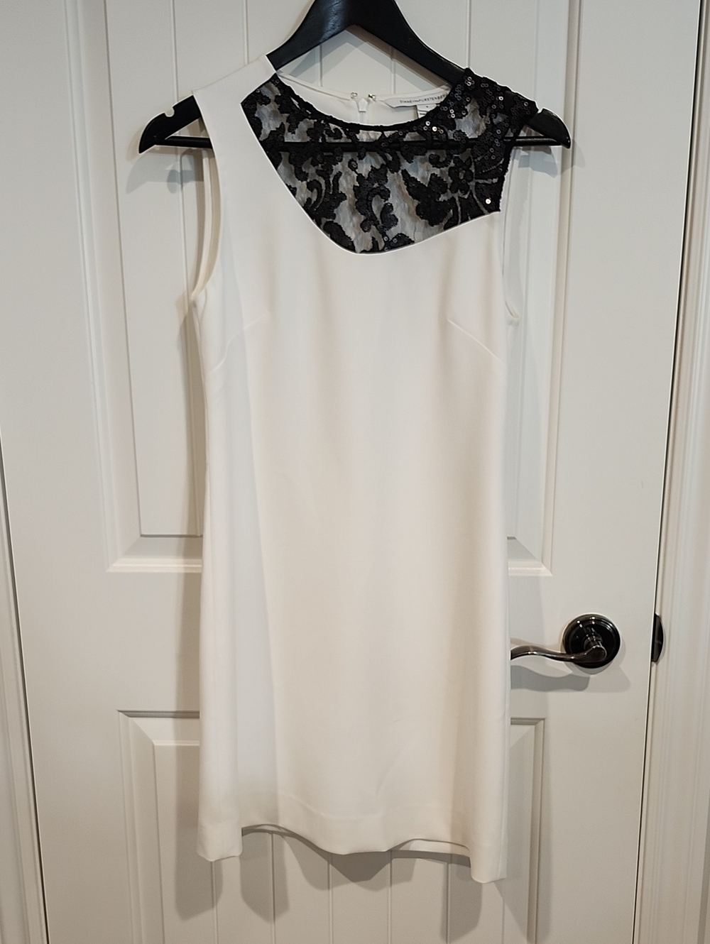 DVF White Sleeveless Shift Dress with Black Lace Yoke